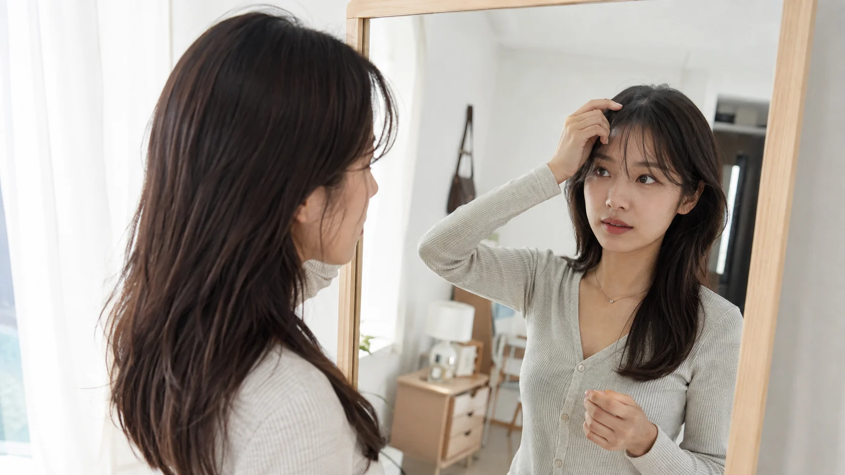 앞머리 스타일링 관리 방법을 비교하는 참고 장면